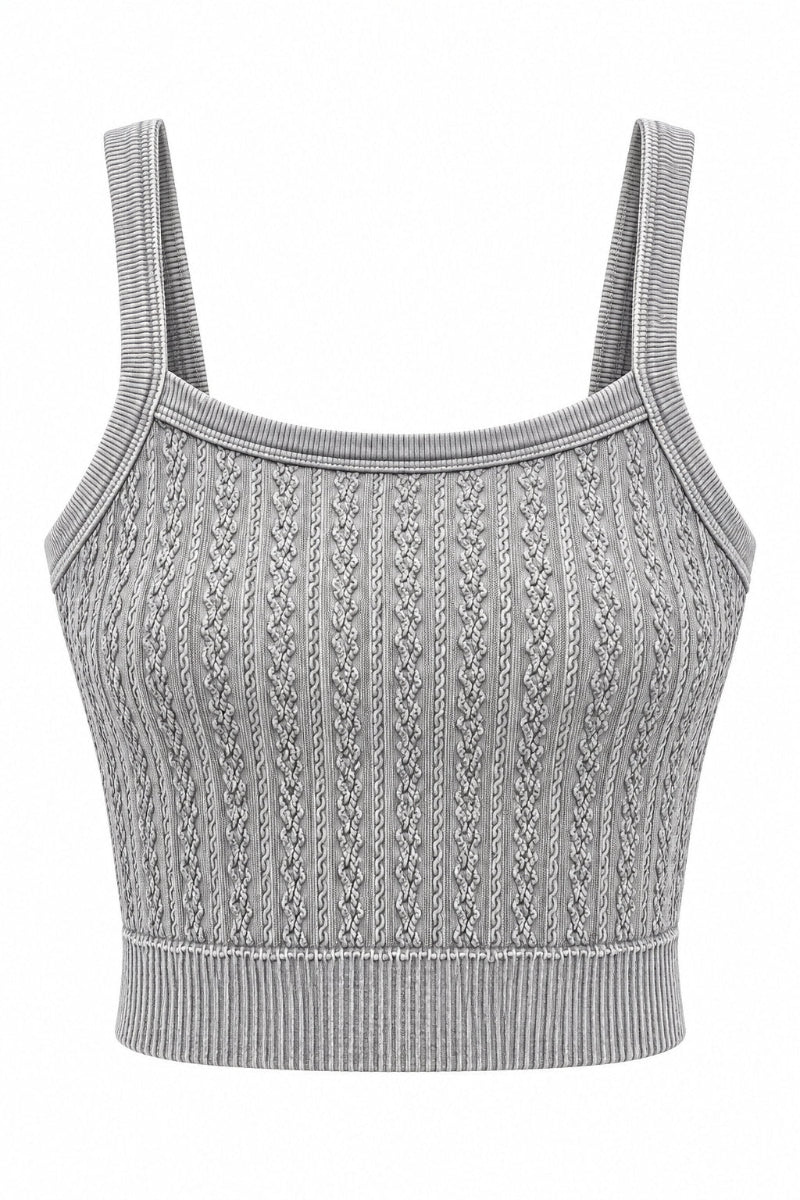 Trestles Clothing Company grey cabled cropped cami with a square neck and supportive wide elastic ribbed hem