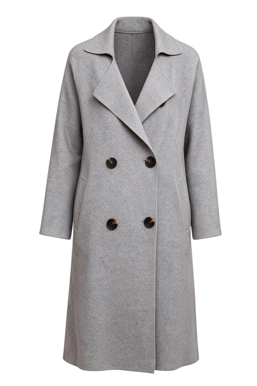 Model wearing a Trestles Clothing Company Beckham grey cashmere blend midi sweater coat with double-breasted buttons.