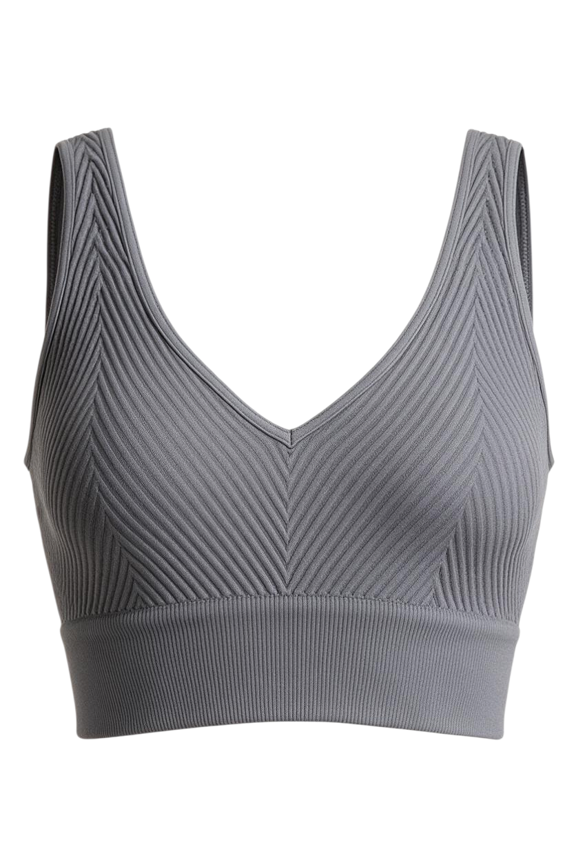 Trestles Clothing Company reversible grey chevron ribbed crop cami with a v-neckline and supportive underband.