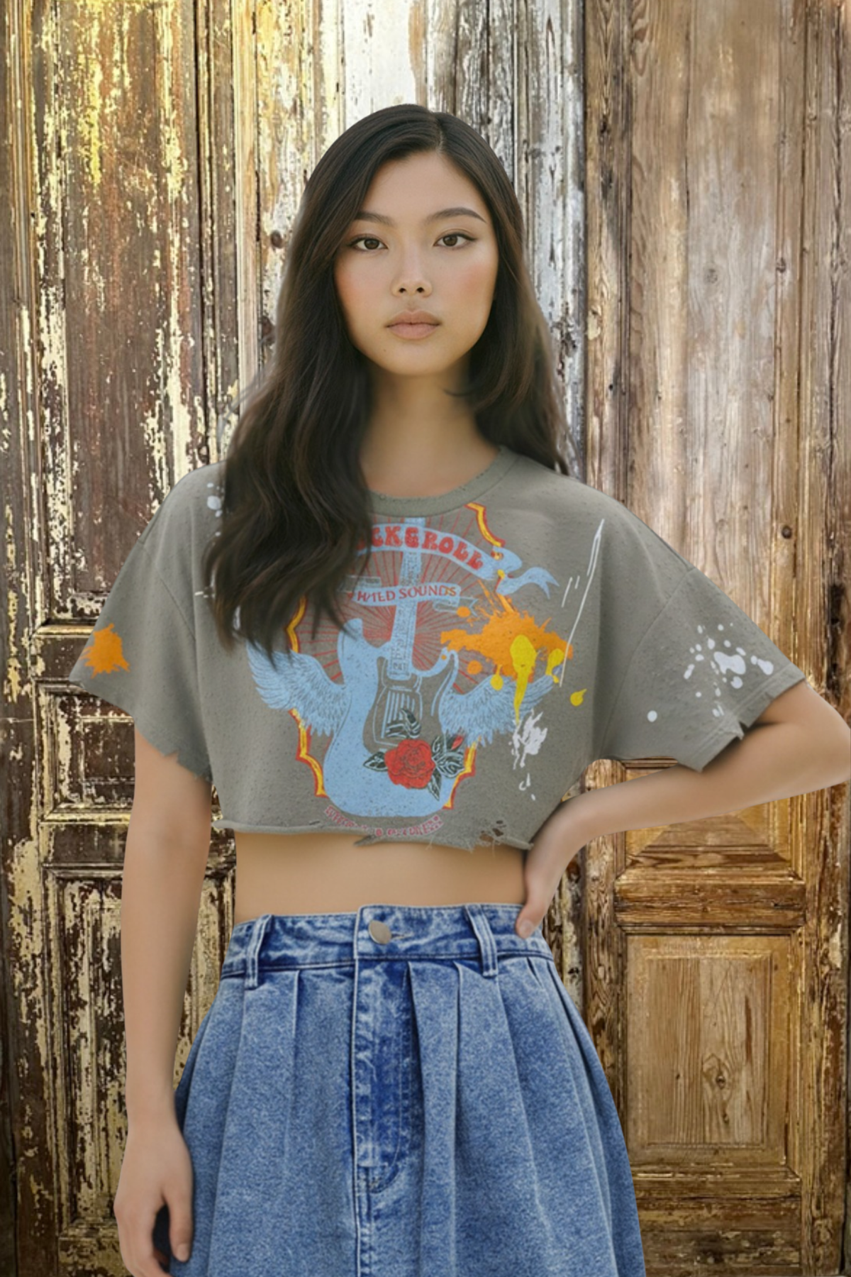 A model wearing a Trestles Clothing Company Rebel Echo Tee, a grey cropped graphic t-shirt with a rock guitar print.