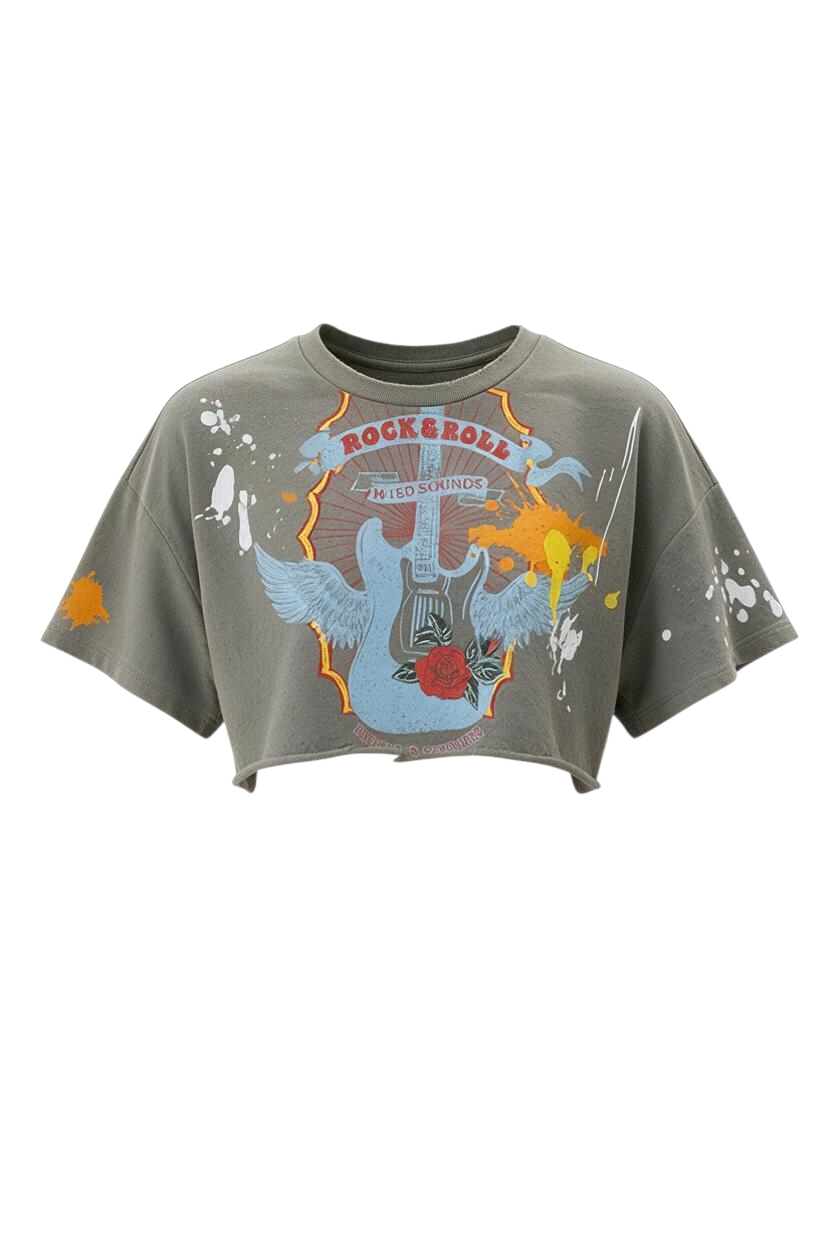 Trestles Clothing Company Rebel Echo Tee in charcoal grey with a rock and roll guitar graphic and paint splatter