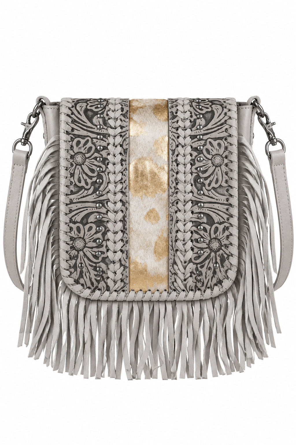 Trestles Clothing Company grey leather crossbody bag with floral tooling, cowhide center, silver studs, and fringe.