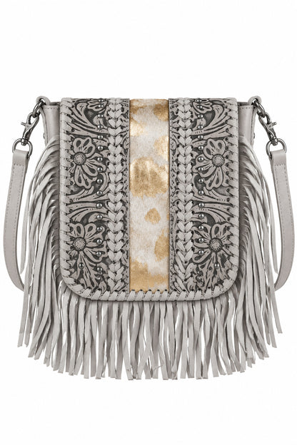 Trestles Clothing Company grey leather crossbody bag with floral tooling, cowhide center, silver studs, and fringe.