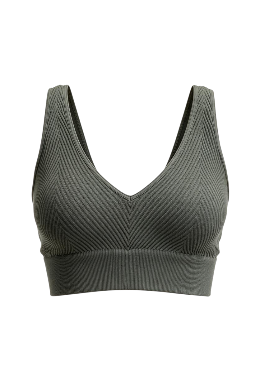 Trestles Clothing Company reversible grey ribbed chevron crop cami with a v-neckline on a wooden hanger