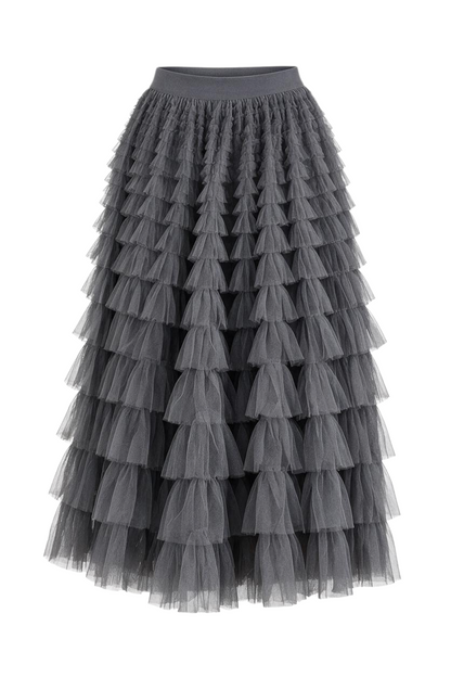 Trestles Clothing Company charcoal grey maxi skirt featuring tiered ruffled tulle layers and an elastic waistband.