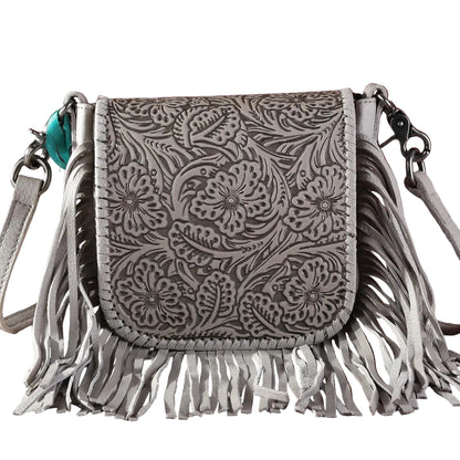 Trestles Clothing Company grey leather crossbody bag with floral tooling, whipstitch trim, and long fringe detail