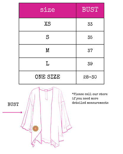 Trestles Clothing Company Holiday Roses Kimono size chart with bust measurements for sizes XS to One Size
