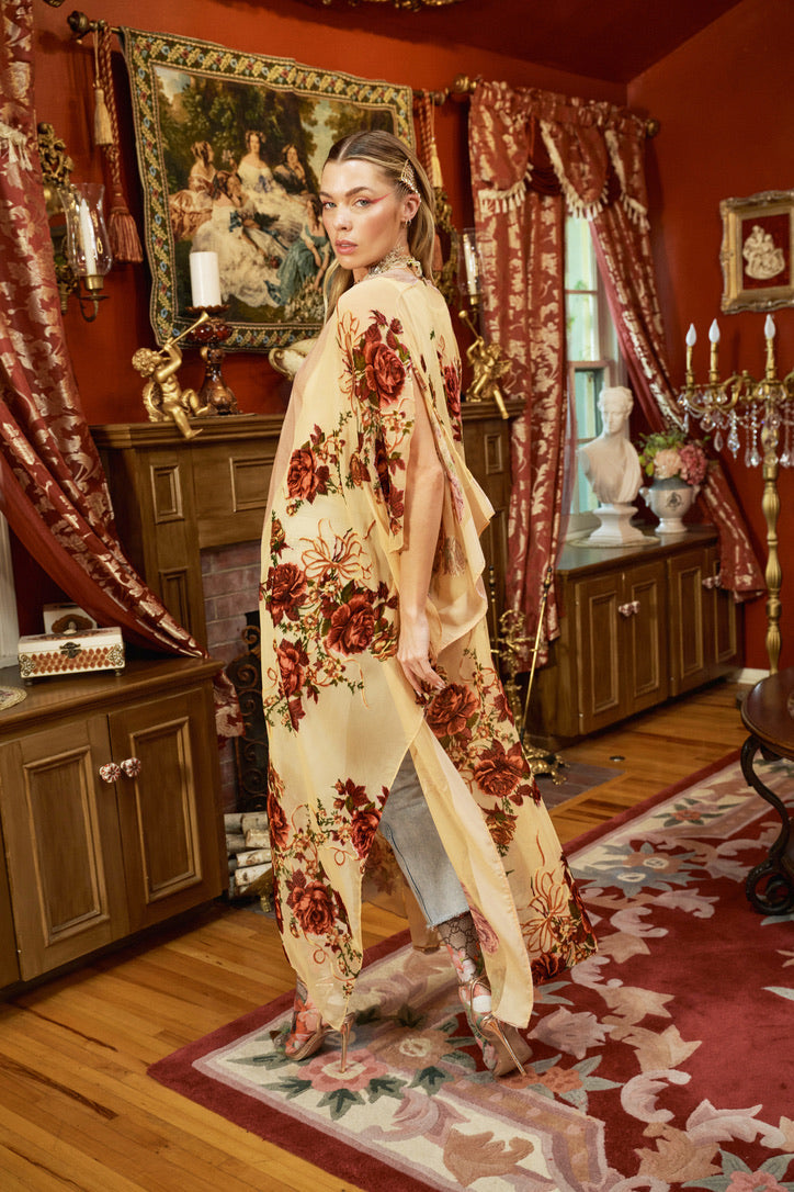 Trestles Clothing Company Holiday Roses maxi kimono in lightweight burn out velvet with red floral print and side slits