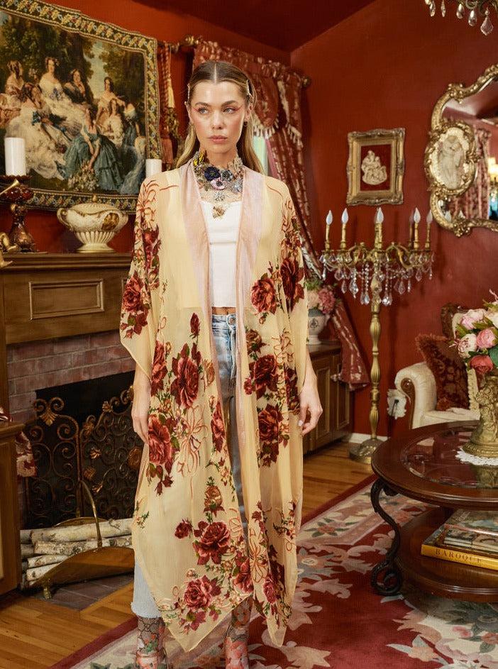 Trestles Clothing Company Holiday Roses maxi kimono in lightweight burn out velvet with floral print and side slits