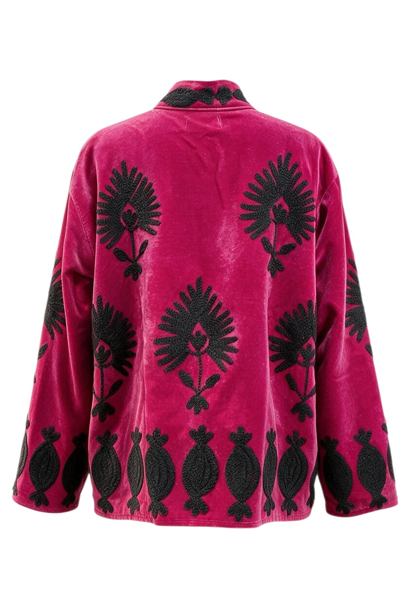 Trestles Clothing Company hot pink cotton velvet jacket with intricate black floral embroidery and mandarin collar