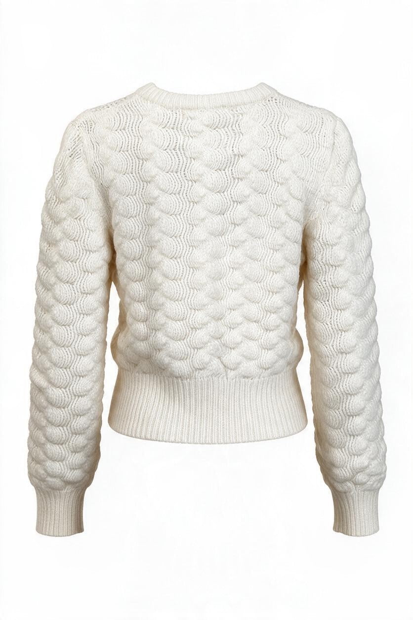 Trestles Clothing Company ivory knit cardigan with textured floral pattern, long puff sleeves, and ribbed hem, back view