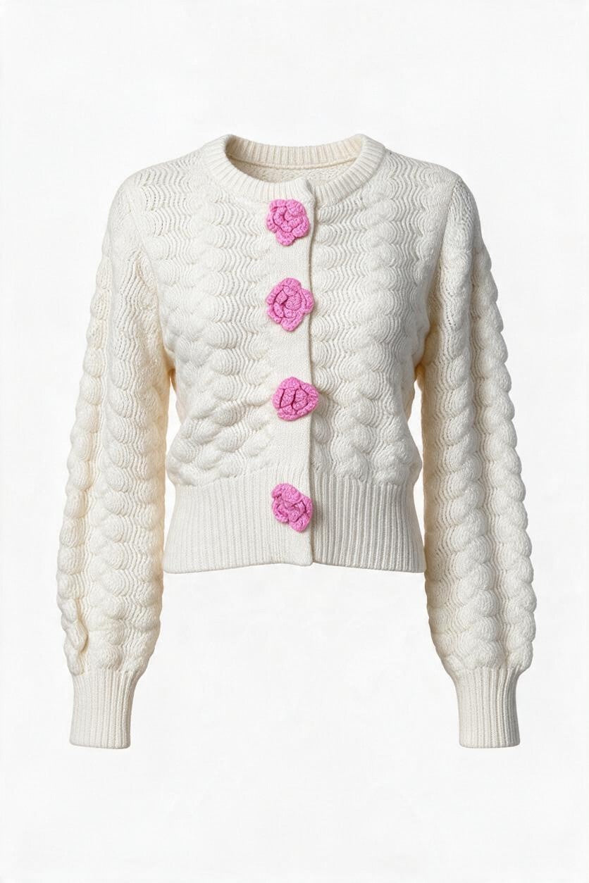 Trestles Clothing Company ivory knit cardigan with pink rosette buttons, puff sleeves, and a cropped ribbed hem.
