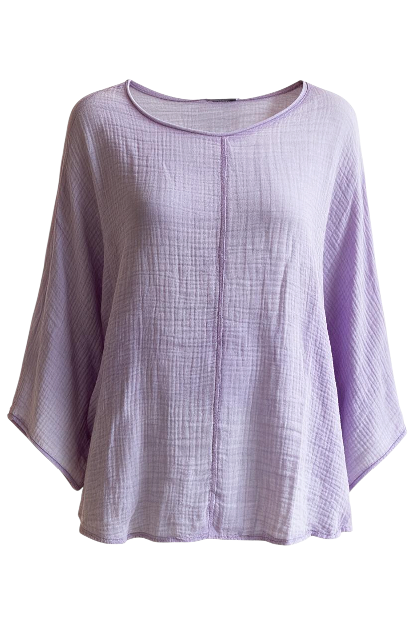 Trestles Clothing Company lavender gauze top with scoop neck and 3/4 sleeves in lightweight 100% Italian cotton