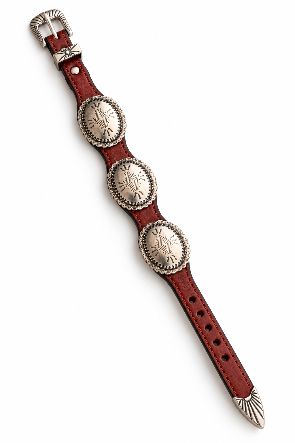 Trestles Clothing Company brown leather bracelet with three silver Western conchos and an adjustable buckle closure.