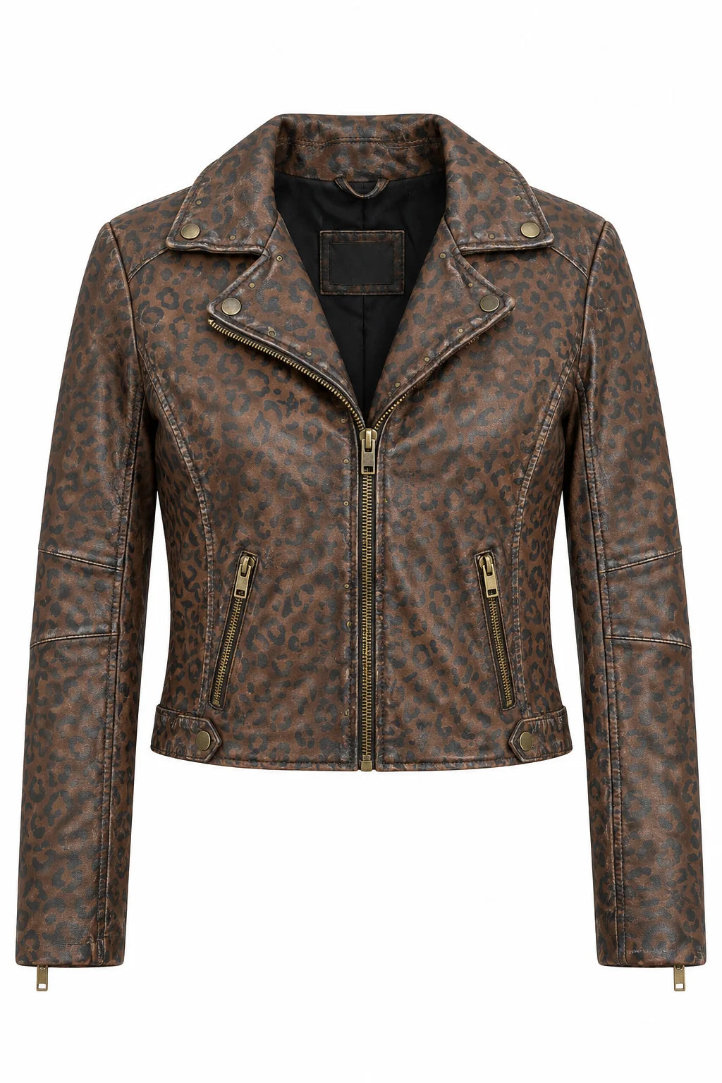 Trestles Clothing Company Nyxa motorcycle leather jacket in brown leopard print with zip front and fitted silhouette
