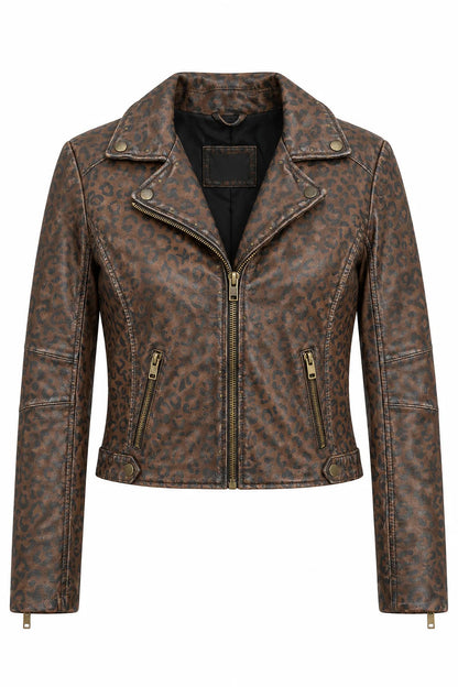 Trestles Clothing Company Nyxa motorcycle leather jacket in brown leopard print with zip front and fitted silhouette