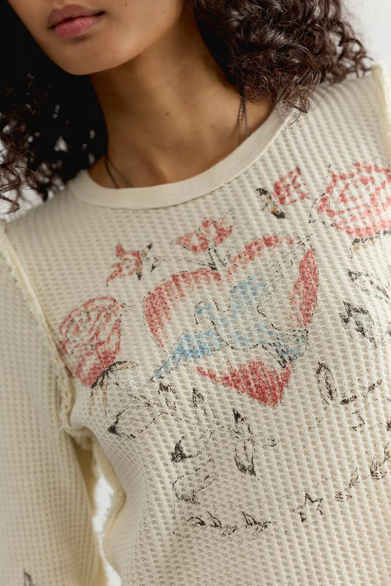 Trestles Clothing Company Lucky Locket thermal tee in cream with vintage-inspired red and blue heart graphic print