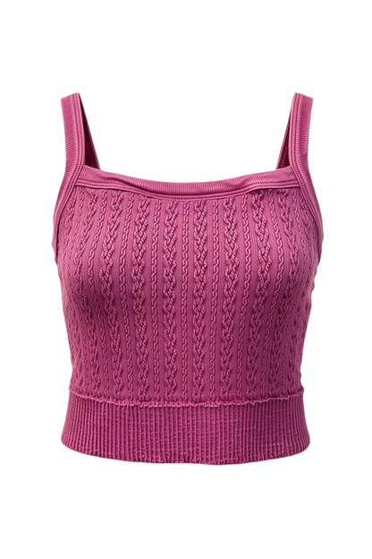 Trestles Clothing Company magenta cropped cami with a square neck and textured cable knit pattern