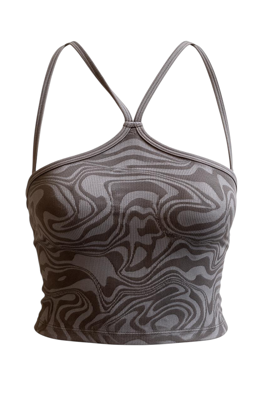 Trestles Clothing Company ribbed halter crop top in a grey and black marble print with strappy detailing