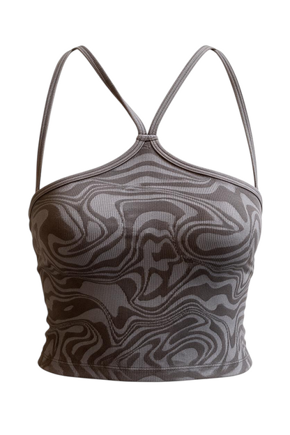 Trestles Clothing Company ribbed halter crop top in a grey and black marble print with strappy detailing