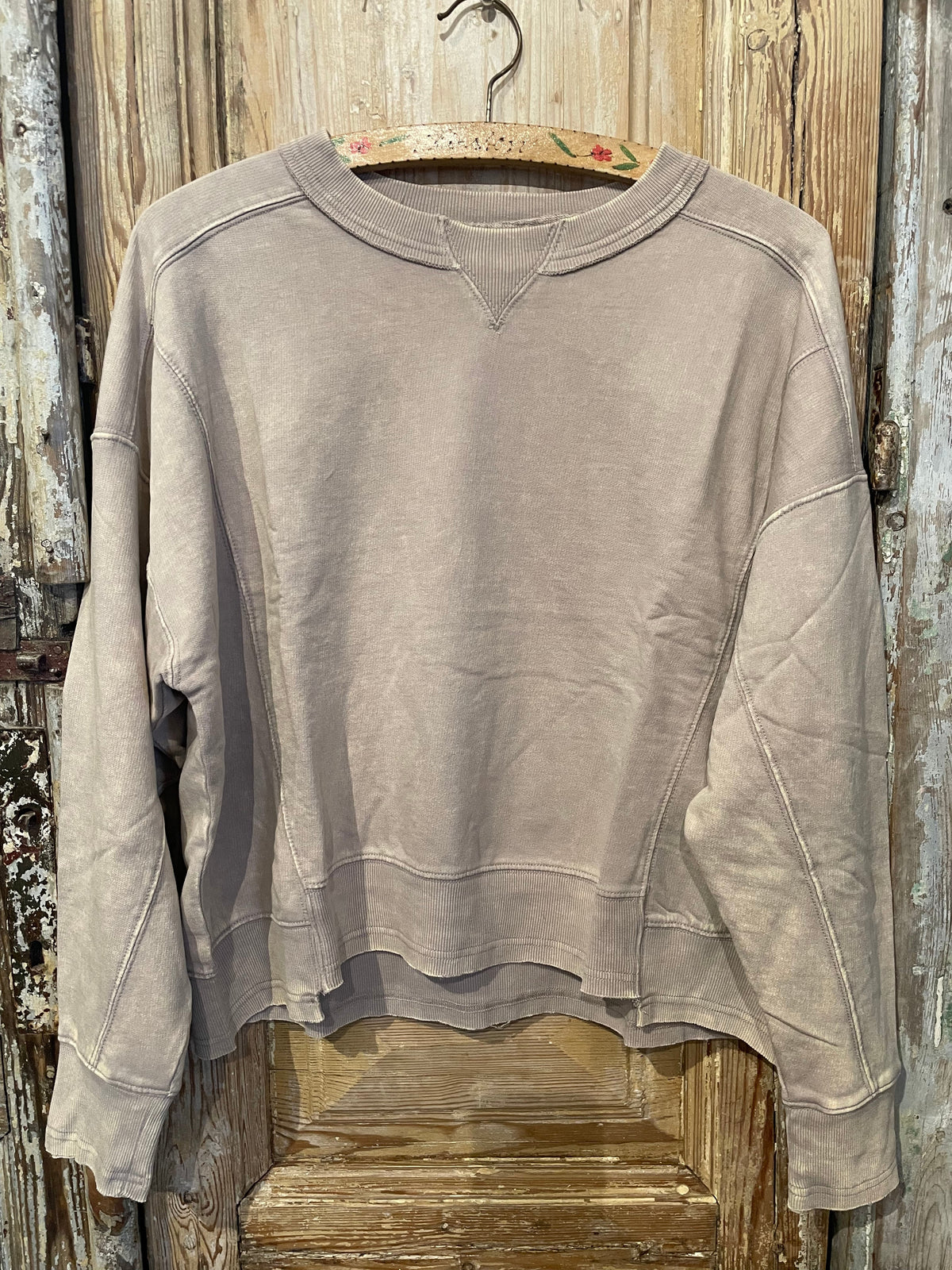 Trestles Clothing Company mineral washed oversized sweatshirt in taupe with a high-low uneven hem and crew neck