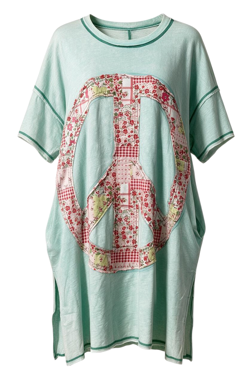 Trestles Clothing Company oversized mint green knit tee with a large floral patchwork peace sign applique