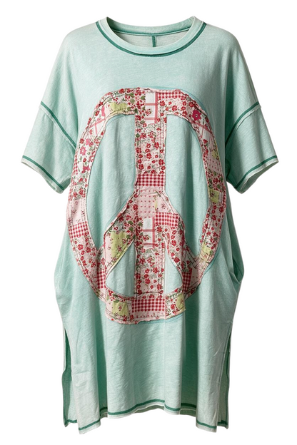 Trestles Clothing Company oversized mint green knit tee with a large floral patchwork peace sign applique