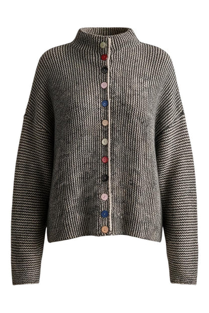 Trestles Clothing Company cozy knit sweater in charcoal grey with a high neck and unique mismatched colorful buttons.