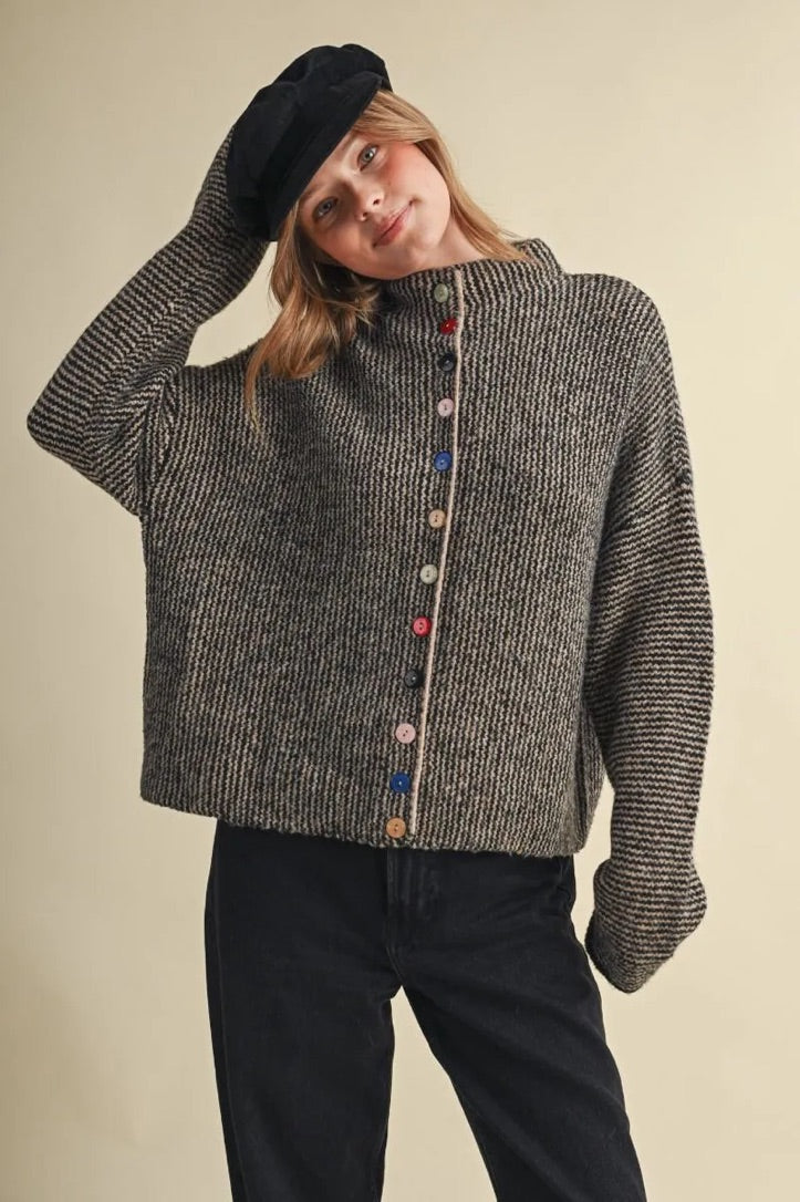 Trestles Clothing Company Buttons Sweater in a textured grey knit with unique mismatched colorful buttons