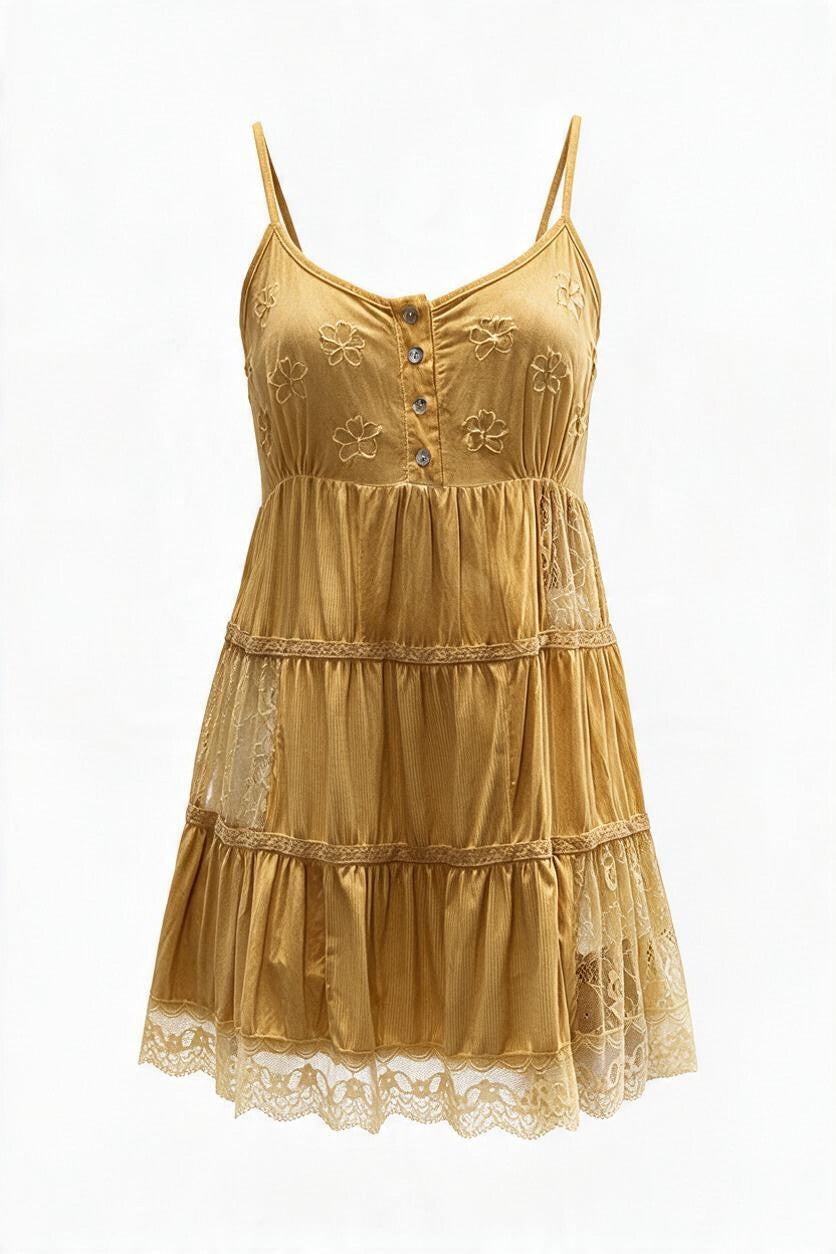Trestles Clothing Company mustard yellow tiered mini dress with floral embroidery, button front, and lace trim details.