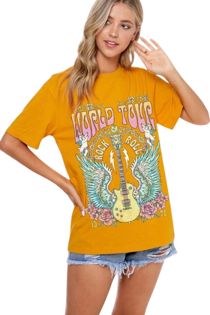 Trestles Clothing Company mustard yellow graphic tee with vintage World Tour 1978 rock and roll guitar print