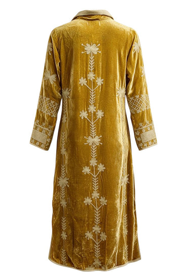 Trestles Clothing Company mustard yellow velvet duster coat with intricate cream floral embroidery and lapel collar