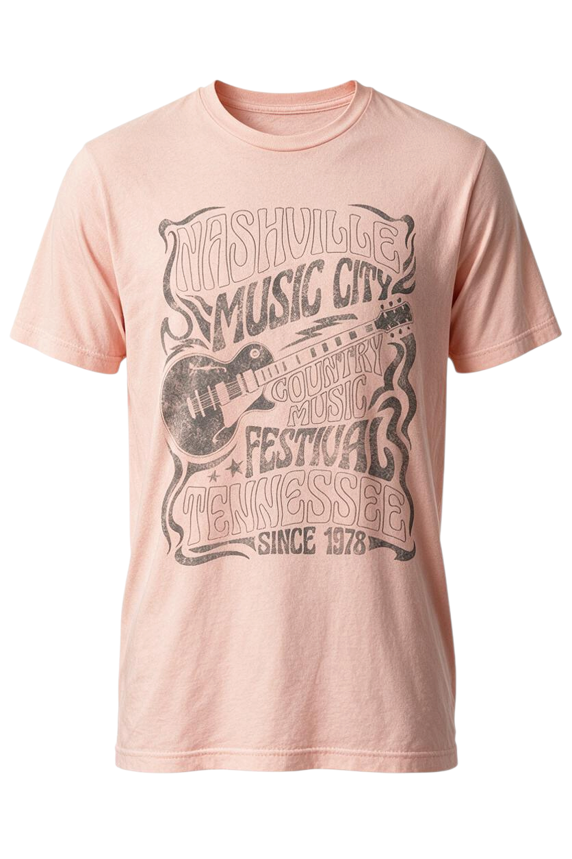 Trestles Clothing Company Nashville Tee in pink mineral wash cotton with a groovy music festival graphic print.