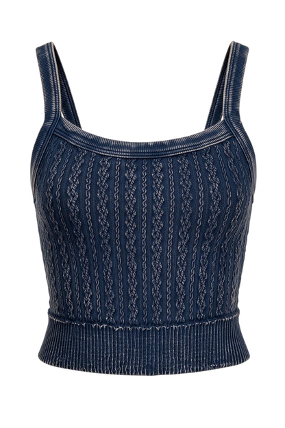 Trestles Clothing Company navy blue vintage washed cabled cropped cami with a square neck and supportive elastic band.