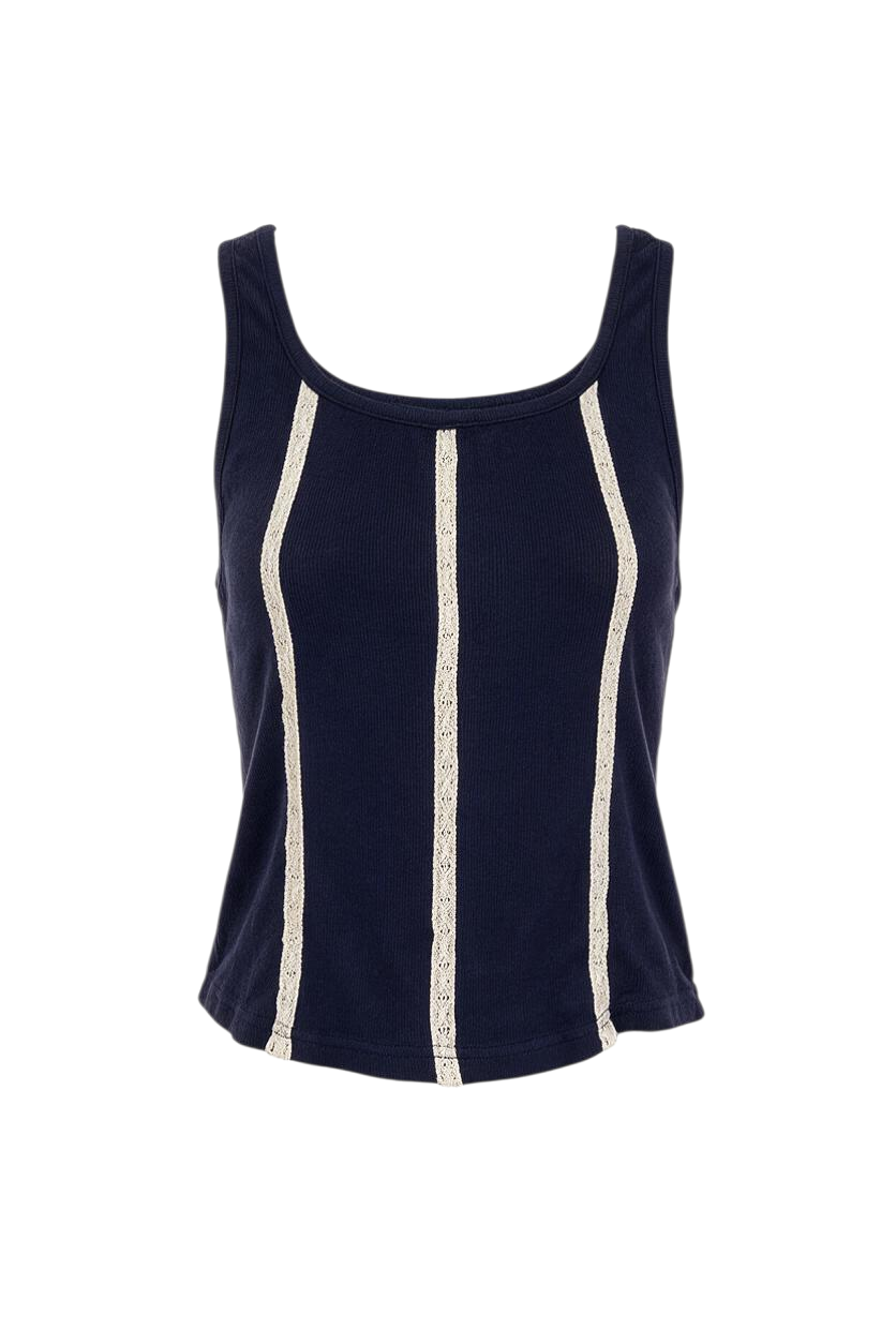 Trestles Clothing Company fitted navy blue knit tank top featuring vertical cream cotton lace trim and scoop neckline