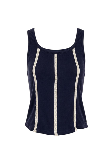 Trestles Clothing Company fitted navy blue knit tank top featuring vertical cream cotton lace trim and scoop neckline