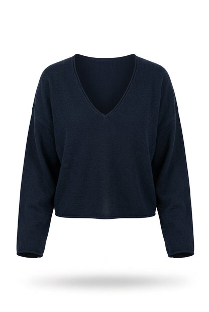 Trestles Clothing Company See Me V-Neck Pullover in navy blue featuring an oversized fit and dropped shoulders.