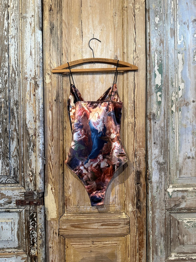 Trestles Clothing Company Old World Bodysuit with shiny Renaissance art print, thin straps, and fitted silhouette.