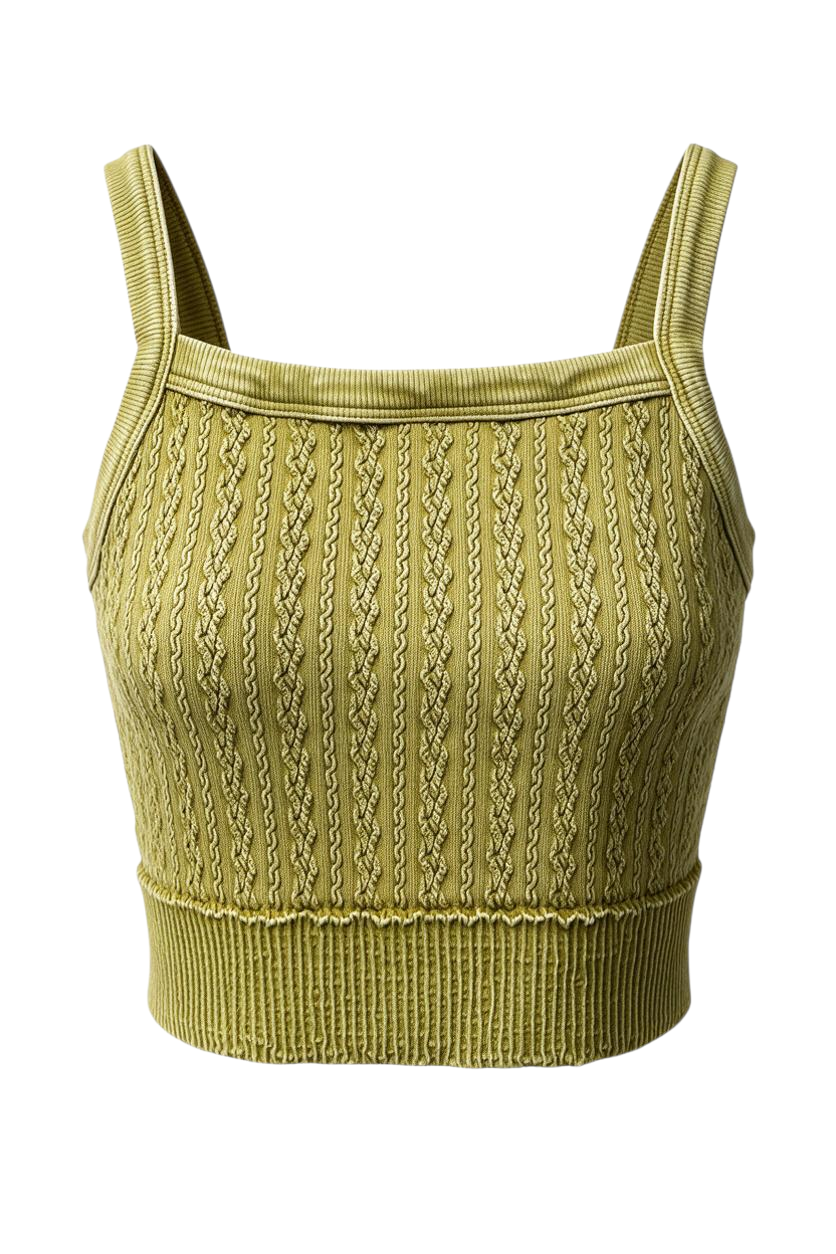 Trestles Clothing Company olive green cropped cami with a square neck, cable knit texture, and wide elastic band.