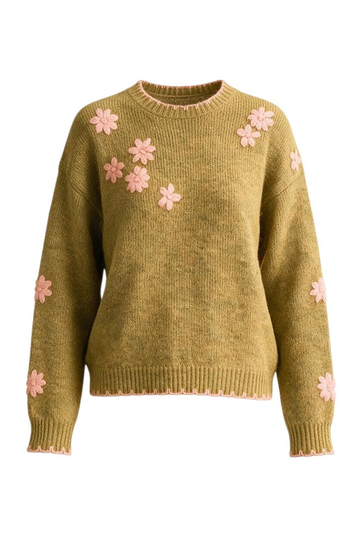 Trestles Clothing Company olive green knit sweater with pink floral embroidery and scalloped contrast trim details.