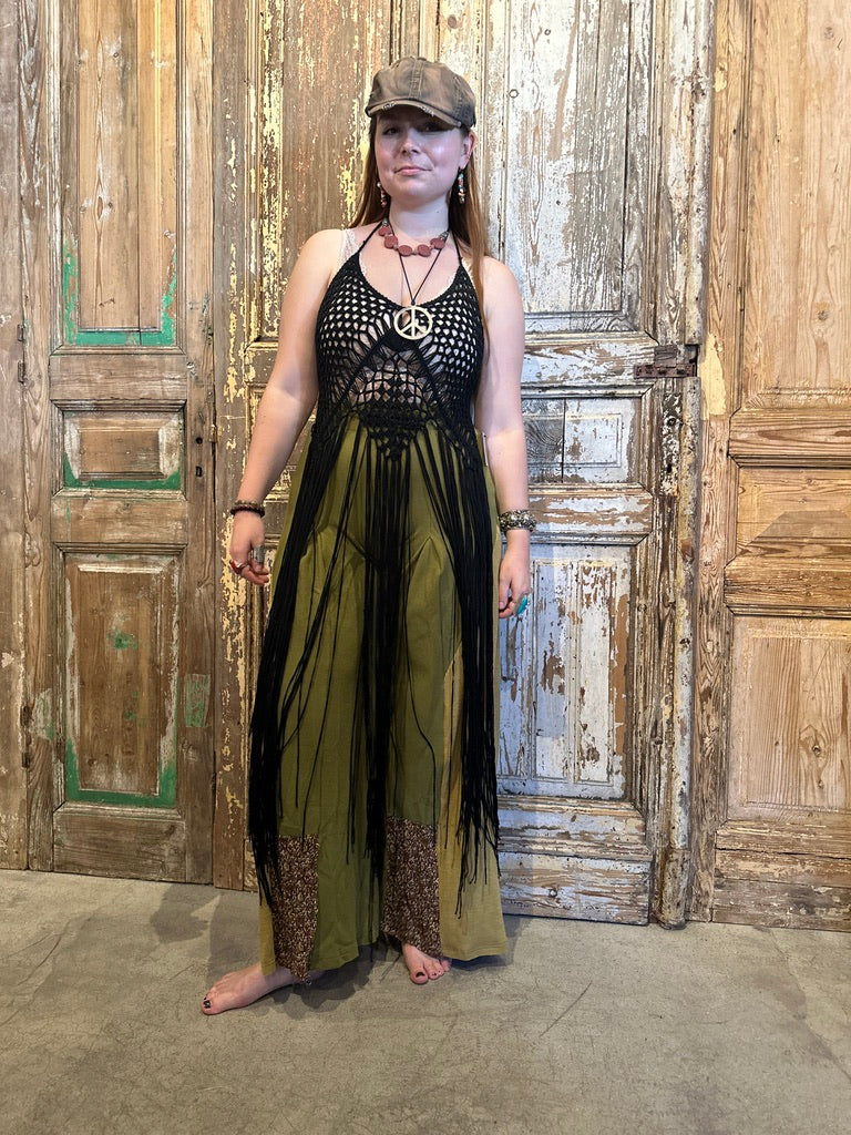 Trestles Clothing Company boho knit flares in olive green with floral hem detail and black crochet fringe top