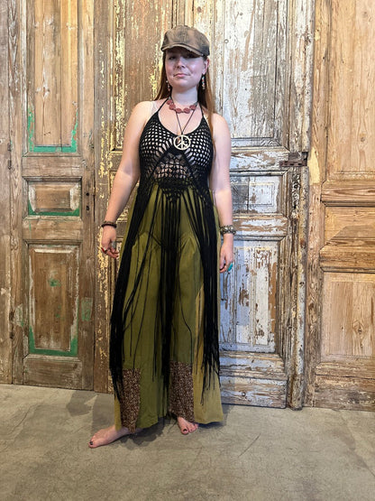 Trestles Clothing Company boho knit flares in olive green with floral hem detail and black crochet fringe top
