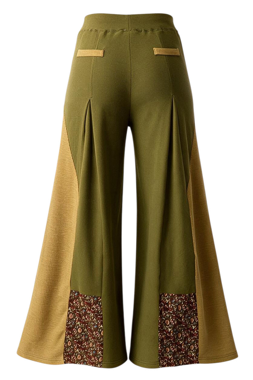 Trestles Clothing Company olive green knit flare pants with mustard yellow panels and floral hem detail