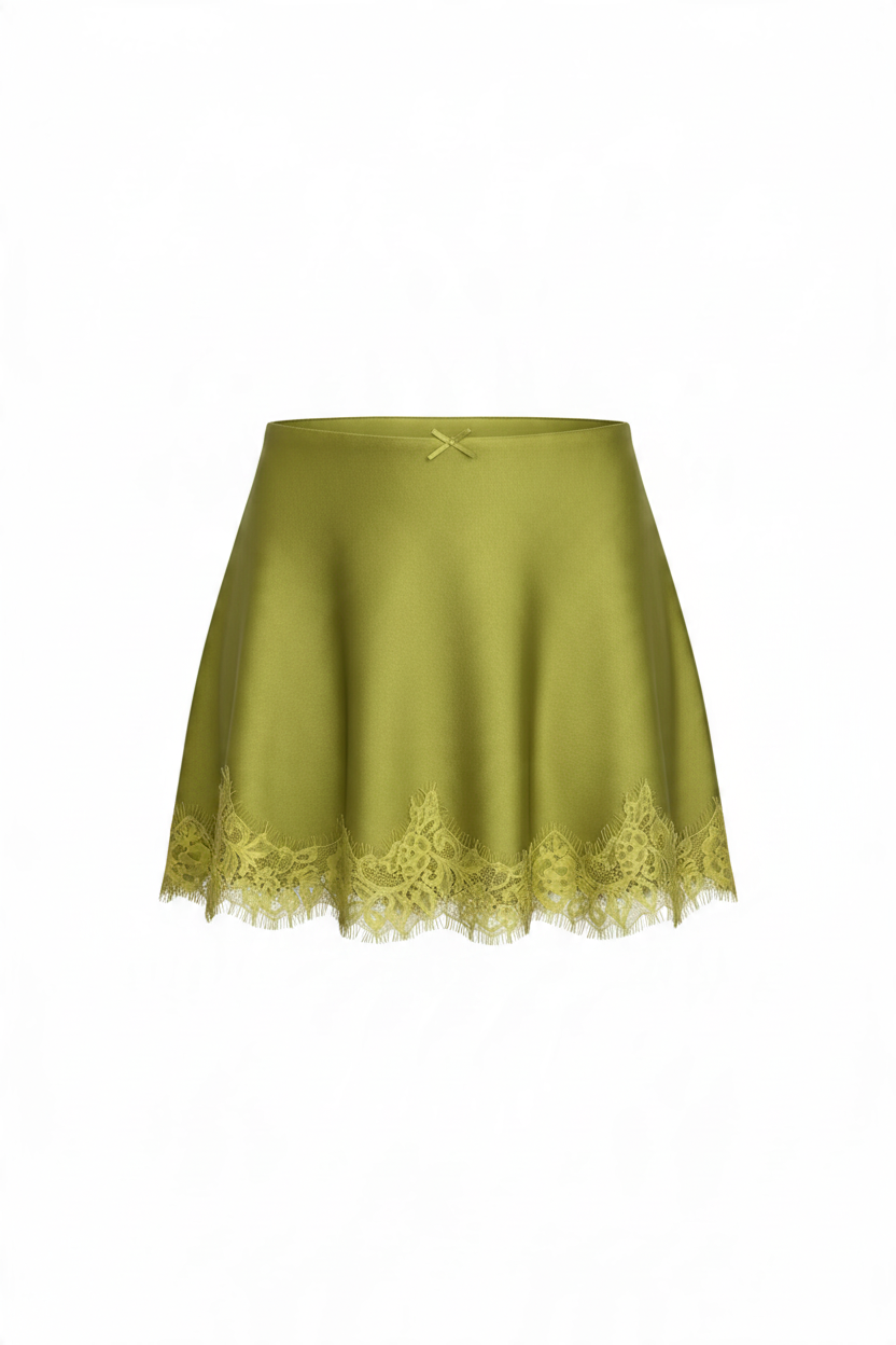 Trestles Clothing Company olive green satin mini skirt with delicate lace hem and a small center bow detail.