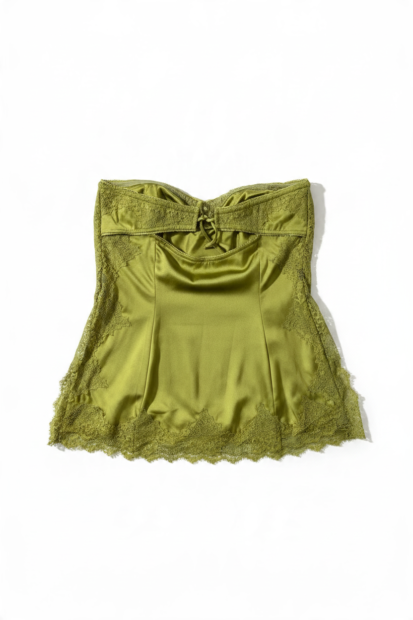 Trestles Clothing Company olive green strapless lace tube top with side slits and delicate floral trim.