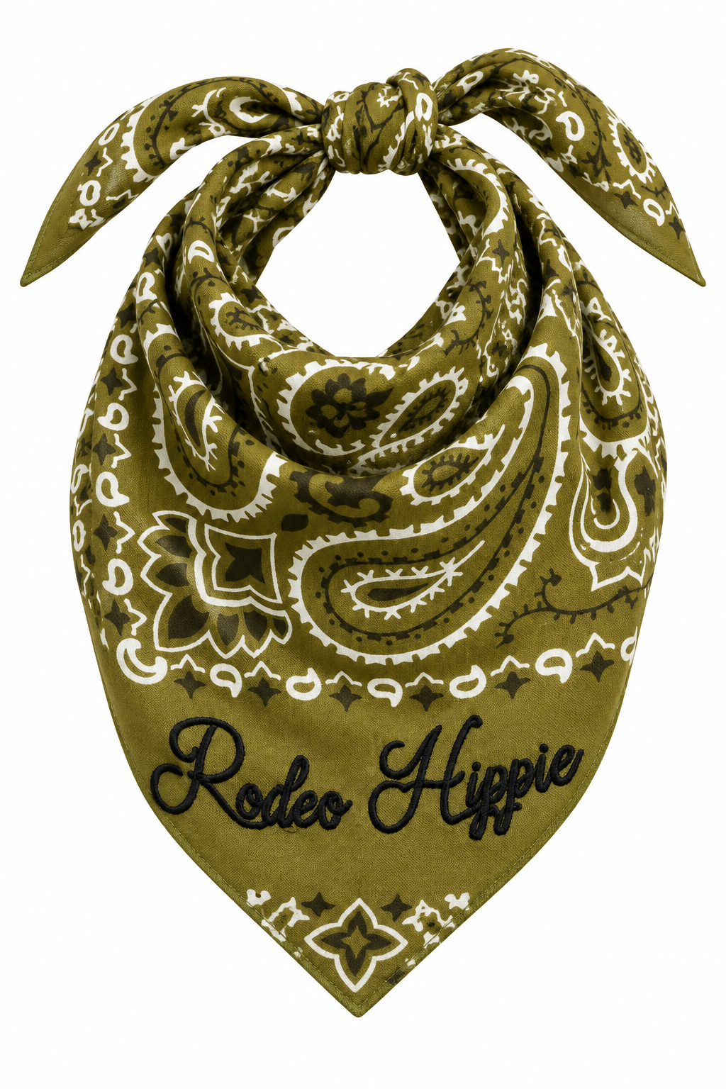 Trestles Clothing Company olive green stonewashed bandana with white paisley print and Rodeo Hippie chainstitching