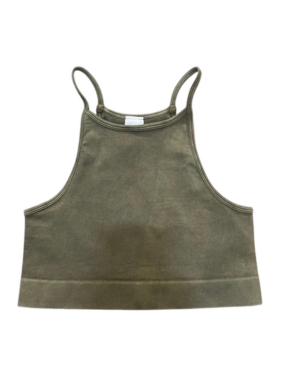 Trestles Clothing Company olive green ribbed highneck cami bra top with a vintage mineral wash and t-back design.
