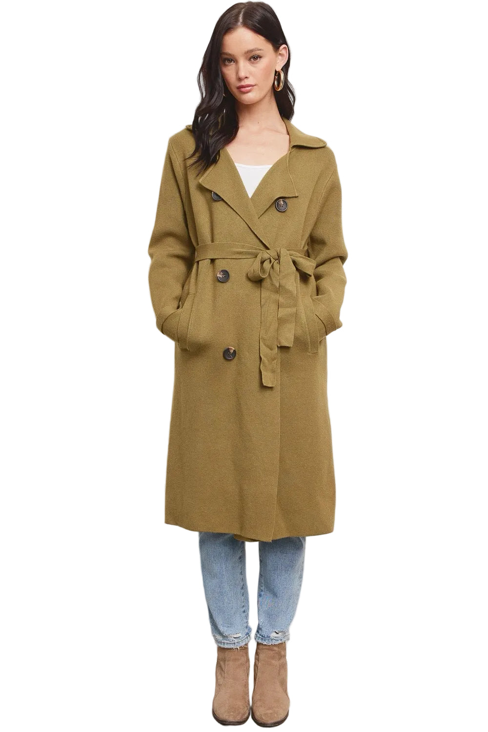 Model wearing a Trestles Clothing Company Beckham midi sweater coat in olive green with a belted waist and buttons.