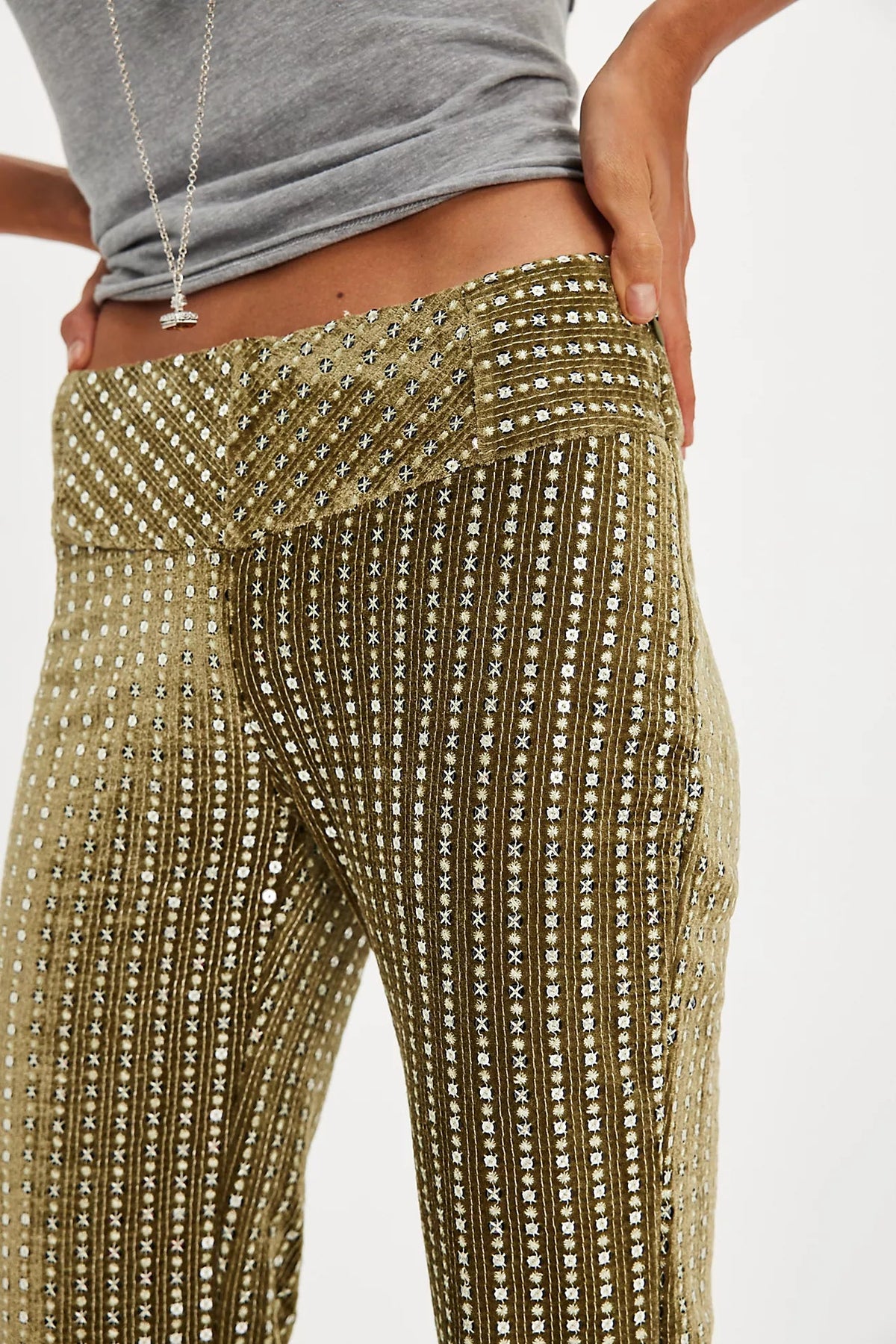 Trestles Clothing Company Start Me Up Flare pants in olive green velvet with vertical sequin star patterns