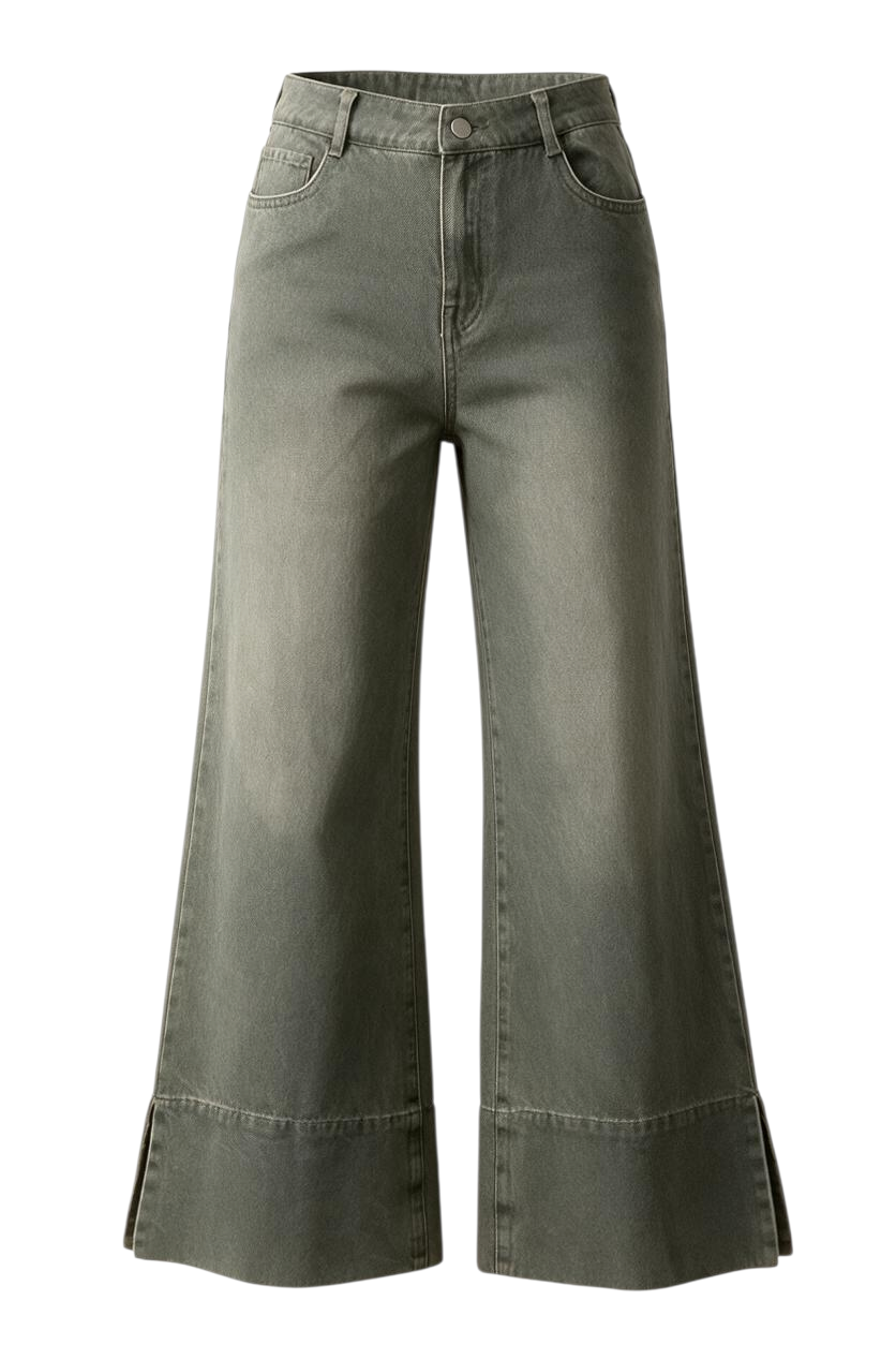 Trestles Clothing Company wide leg denim jeans in a washed olive green with side slit hems and a vintage finish.